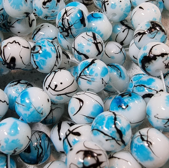 8MM GLASS BEADS - SKY BLUE/BLACK FLECK