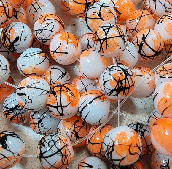 8MM GLASS BEADS - ORANGE/BLACK FLECK