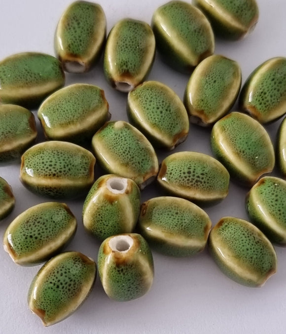 13 x 10MM OVAL PORCELAIN BEADS - OLIVE MOTTLE