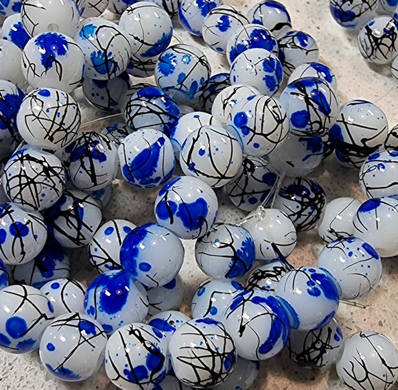 8MM GLASS BEADS - ROYAL BLUE/BLACK MOTTLE