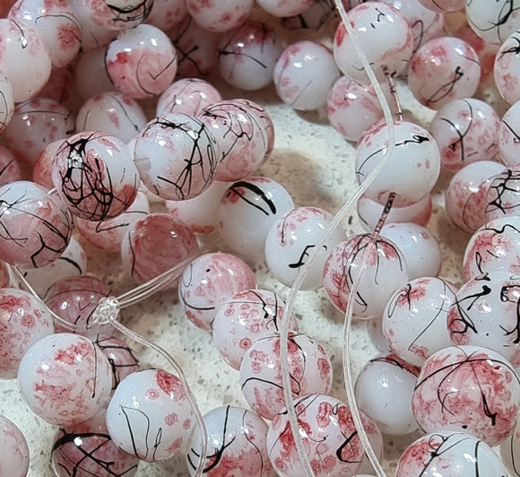 8MM GLASS BEADS - SALMON/BLACK FLECK