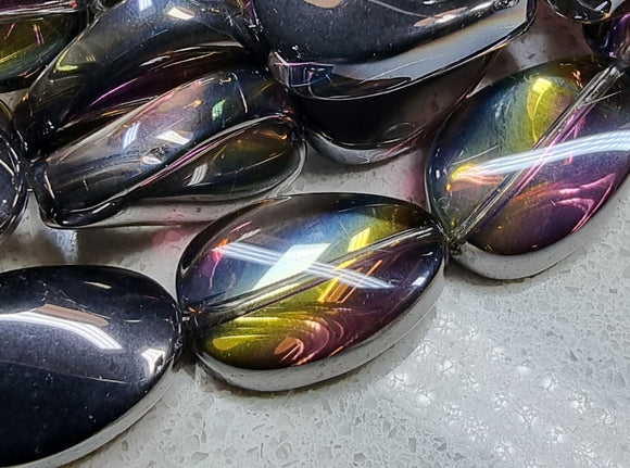 18.5x12.5MM GLASS TEARDROP - TWISTED - BLACK WITH RAINBOW PLATING