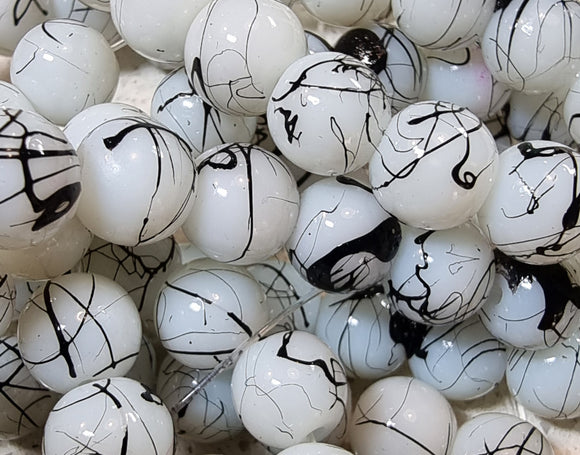 8MM GLASS BEADS - WHITE/BLACK FLECK