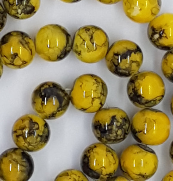 10MM GLASS BEADS - 25 per packet- YELLOW - Mustard Mottle