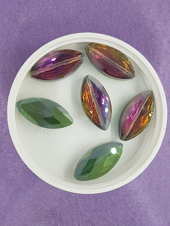 HORSE EYE - 25 X 12MM FACETED CRYSTAL GLASS - E. PLATED CRIMSON RAINBOW