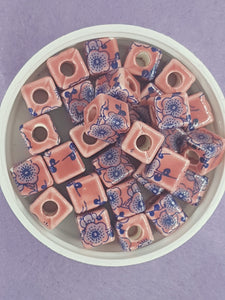 CUBES - 10MM HANDMADE PORCELAIN - DUSKY PINK/BLUE FLOWERS