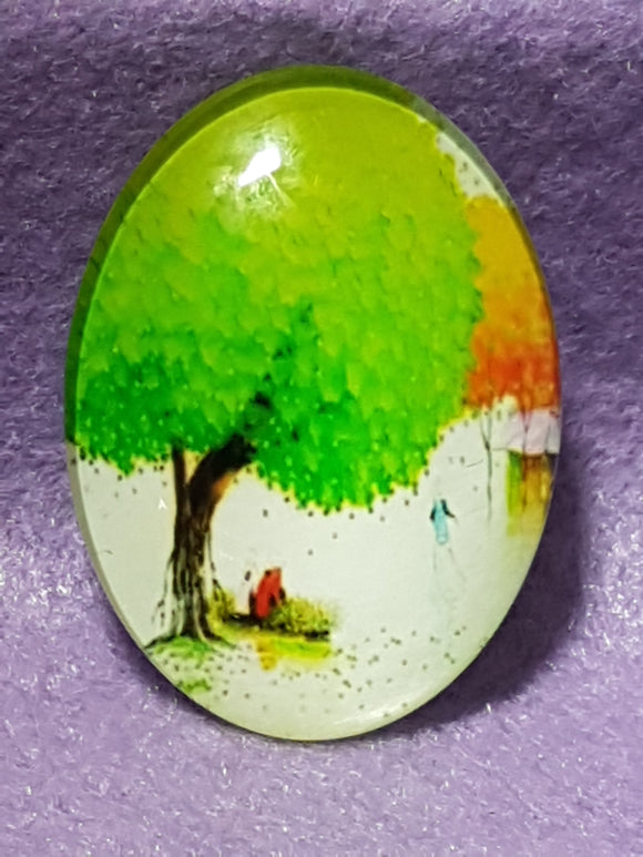 CABOCHON - 40 X 30MM GLASS OVAL - TREES