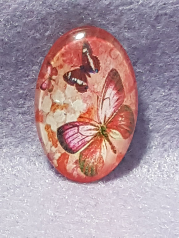 CABOCHON - 30 X 20MM GLASS OVAL - BUTTERFLY - RED