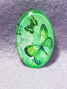 CABOCHON - 30 X 20MM GLASS OVAL - BUTTERFLY - GREEN
