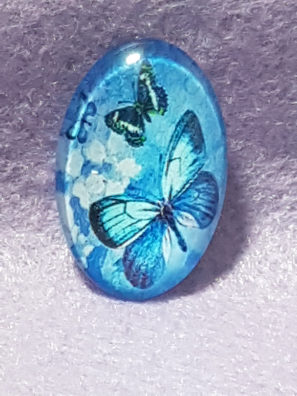 CABOCHON - 30 X 20MM GLASS OVAL - BUTTERFLY - MID. BLUE