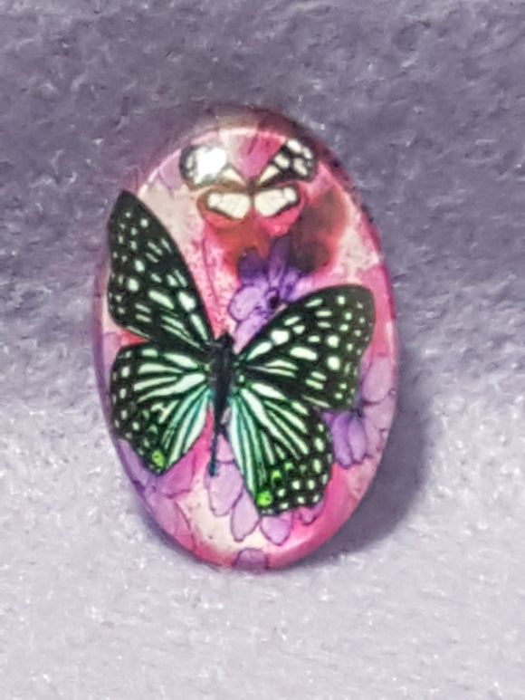 CABOCHON - 30 X 20MM GLASS OVAL - BUTTERFLY - CRIMSON