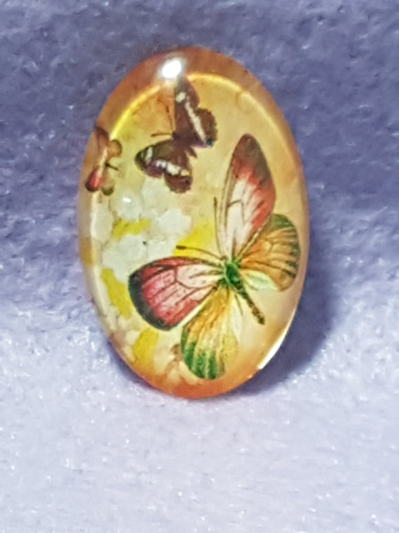 CABOCHON - 30 X 20MM GLASS OVAL - BUTTERFLY - ORANGE