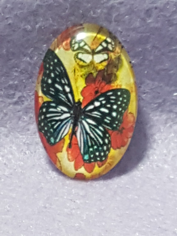 CABOCHON - 30 X 20MM GLASS OVAL - BUTTERFLY - RED/ORANGE