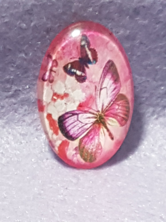 CABOCHON - 30 X 20MM GLASS OVAL - BUTTERFLY - FUCHSIA