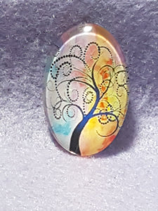 CABOCHON - 30 X 20MM GLASS OVAL - TREES - ORANGE/PINK