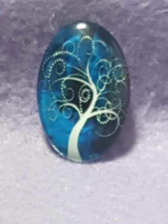 CABOCHON - 30 X 20MM GLASS OVAL - TREES - DARK BLUE
