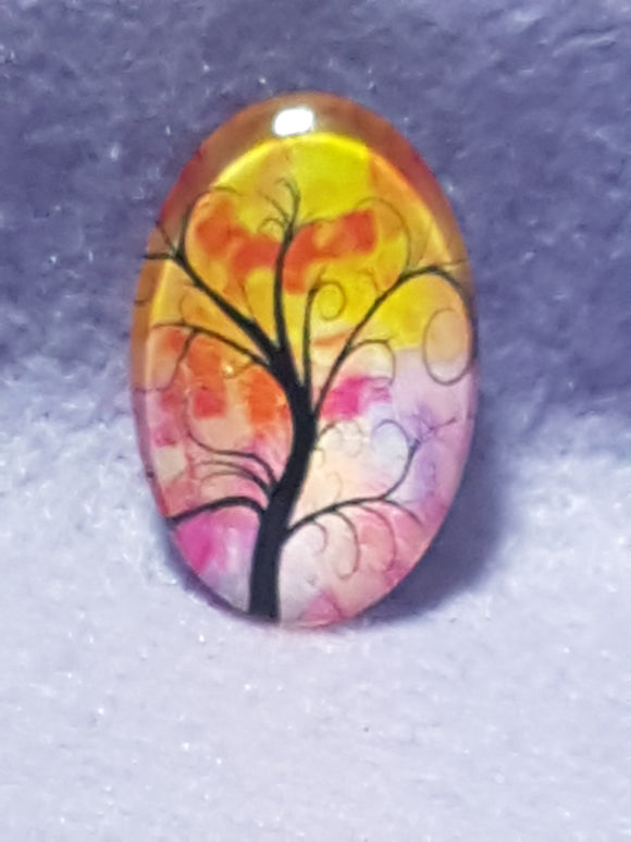 CABOCHON - 30 X 20MM GLASS OVAL - TREES - ORANGE/PURPLE