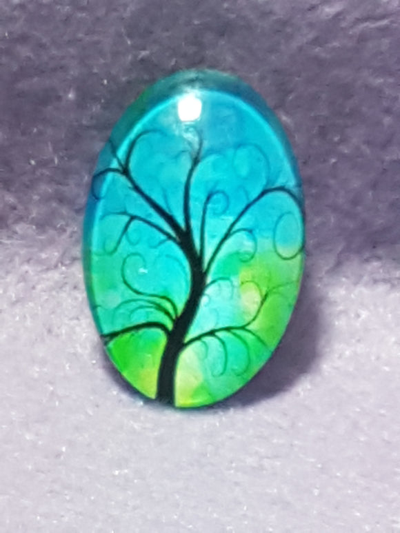 CABOCHON - 30 X 20MM GLASS OVAL - TREES - BLUE/GREEN