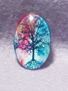 CABOCHON - 30 X 20MM GLASS OVAL - TREES - BLUE/CRIMSON
