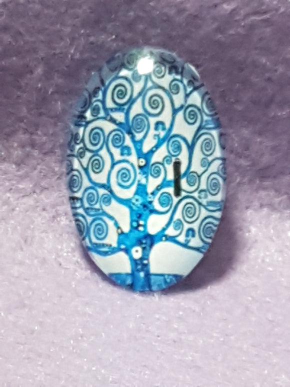 CABOCHON - 30 X 20MM GLASS OVAL - TREES - BLUE