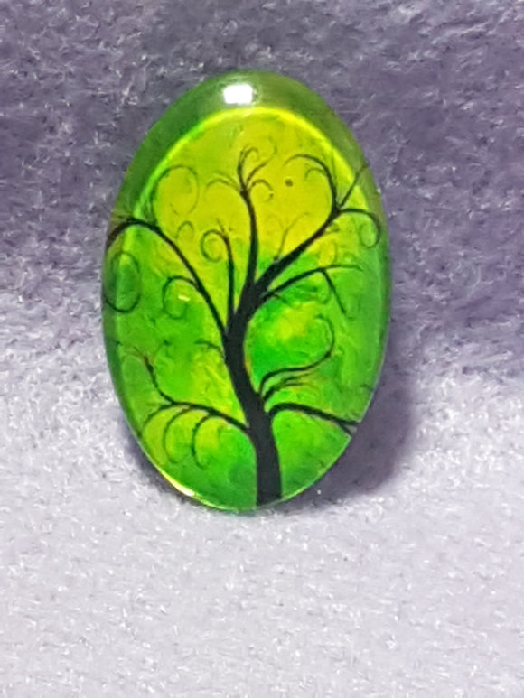 CABOCHON - 30 X 20MM GLASS OVAL - TREES - GREEN/YELLOW