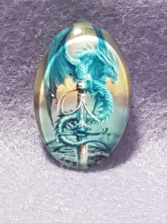 CABOCHON - 30 X 20MM GLASS OVAL - DRAGON - BLUE
