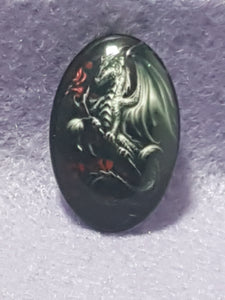 CABOCHON - 30 X 20MM GLASS OVAL - DRAGON - BLACK