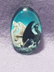 CABOCHON - 30 X 20MM GLASS OVAL - DRAGON - BLACK/CREAM