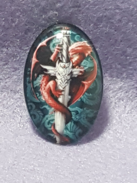 CABOCHON - 30 X 20MM GLASS OVAL - DRAGON - RED