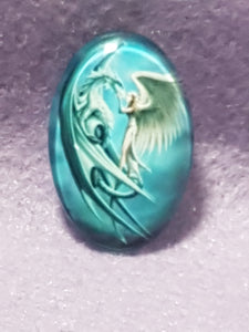 CABOCHON - 30 X 20MM GLASS OVAL - DRAGON - LIGHT BLUE