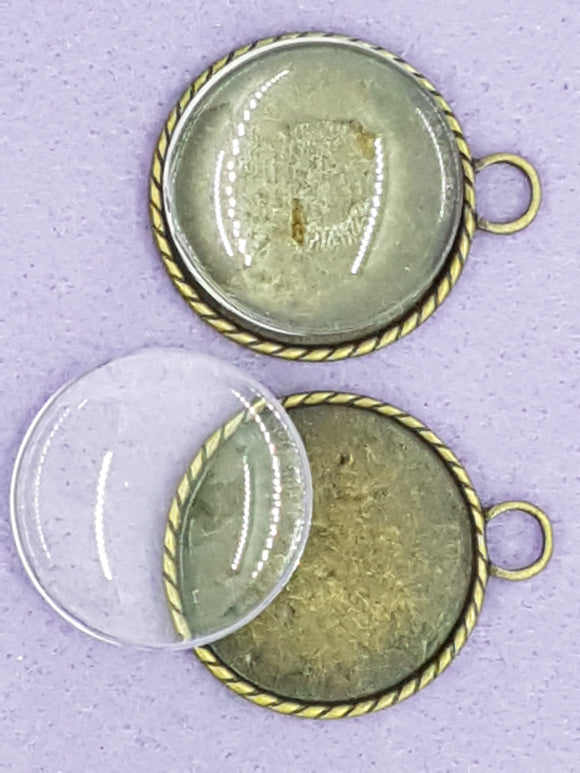 CABOCHON - 39 x 32MM DOMED GLASS TRANS. ROUND ANT. BRONZE SETTING