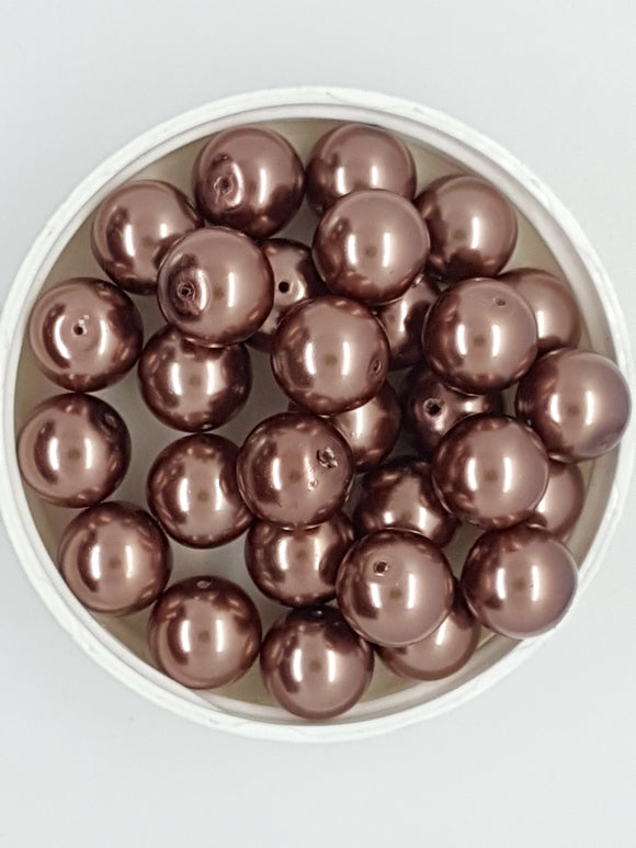12MM GLASS ROUND PEARLS - SADDLE BROWN
