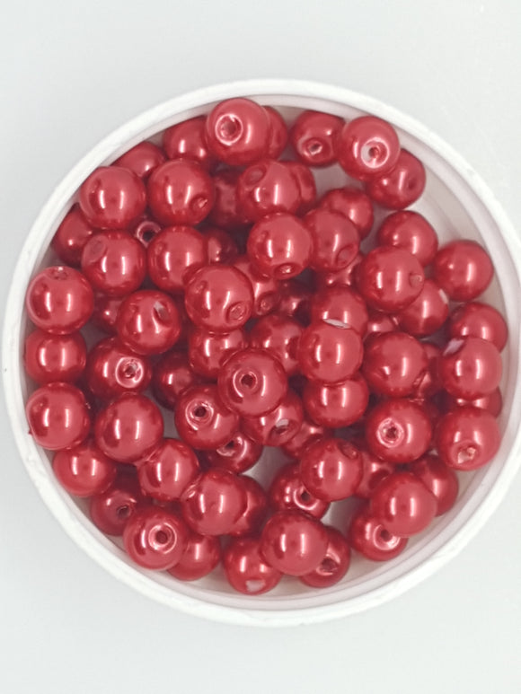 8MM GLASS ROUND PEARLS - RED/CRIMSON