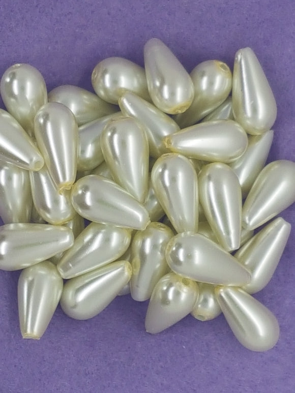 15MM X 8MM GLASS PEARL TEARDROPS - WARM WHITE