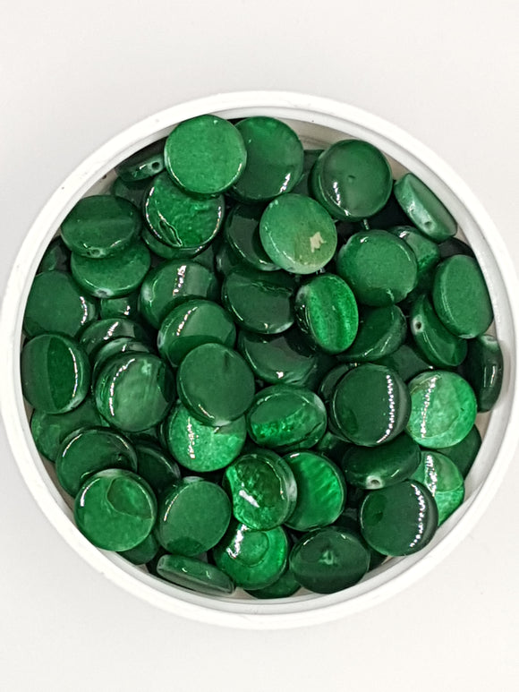 10MM NATURAL SHELL BEADS - FLAT ROUND - DARK GREEN