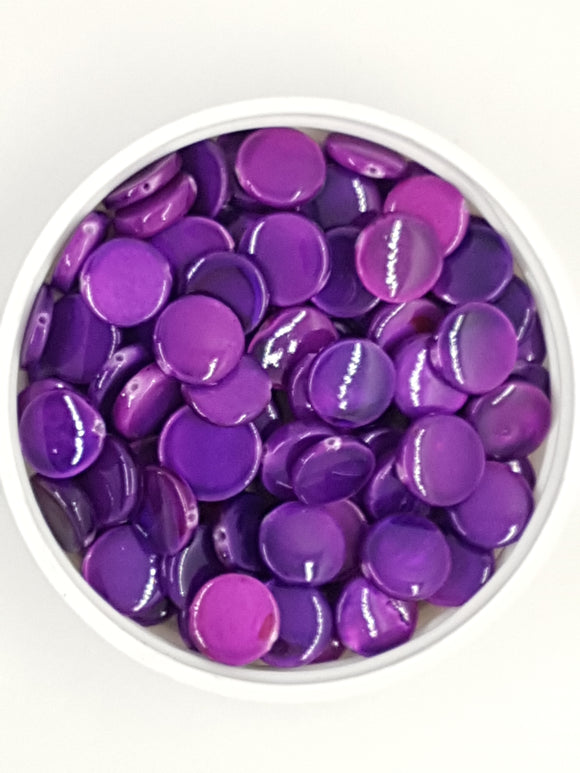 10MM NATURAL SHELL BEADS - FLAT ROUND - PURPLE