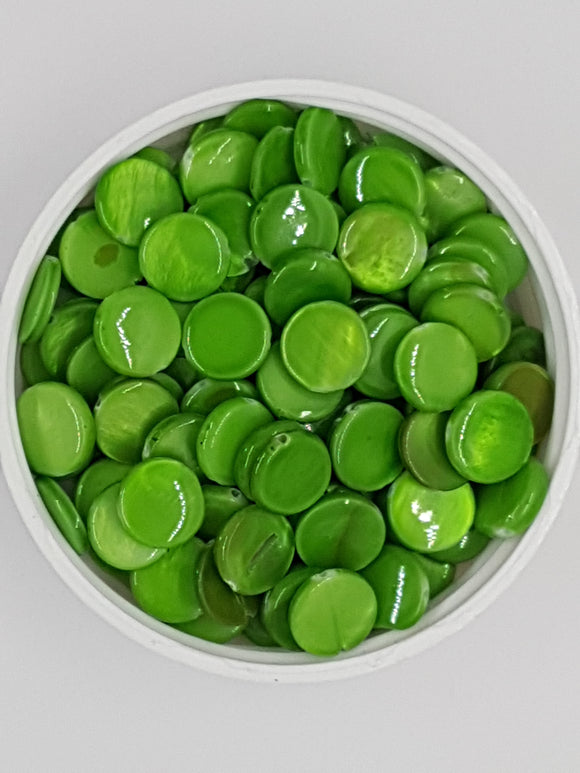10MM NATURAL SHELL BEADS - FLAT ROUND - LIME GREEN