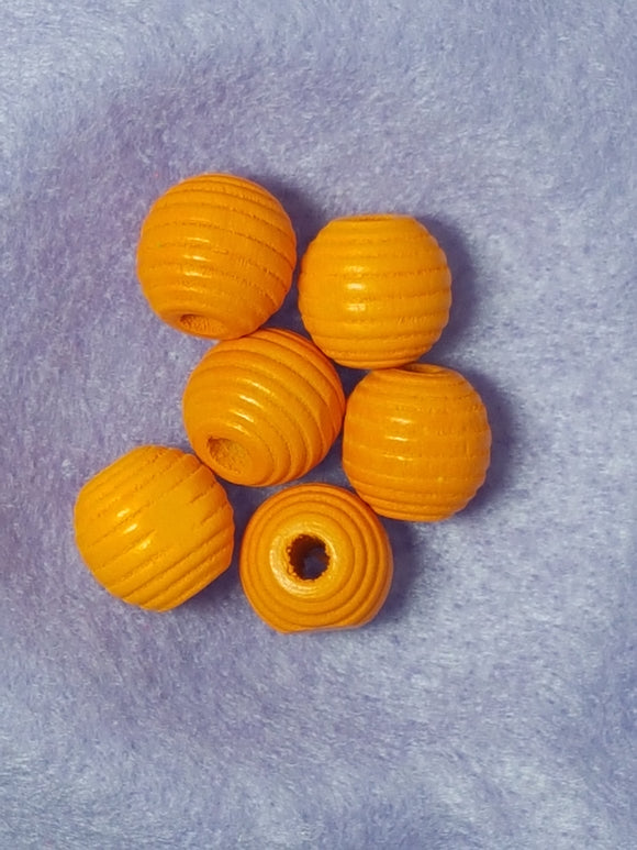 14 X 13MM WOODEN ROUND GROOVED BEADS - ORANGE