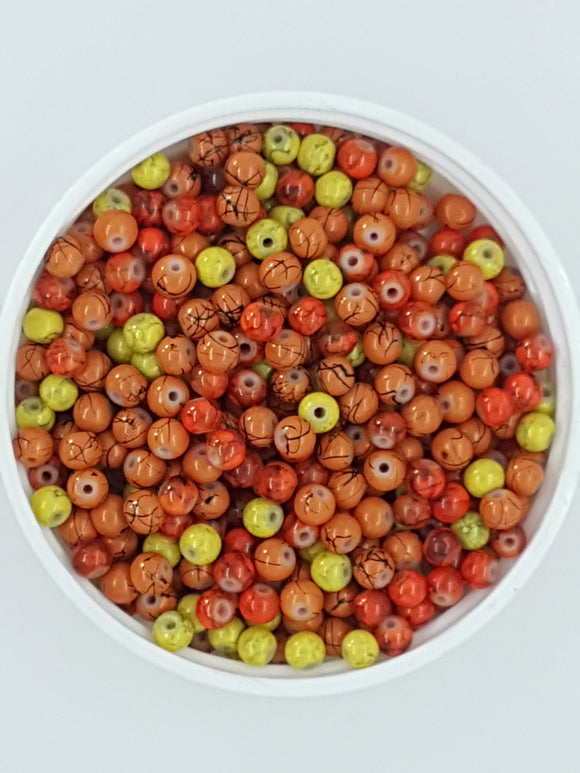 4MM GLASS ROUND BEADS - 20 BEADS PER PACKET - RED/ORANGE/YELLOW MIX