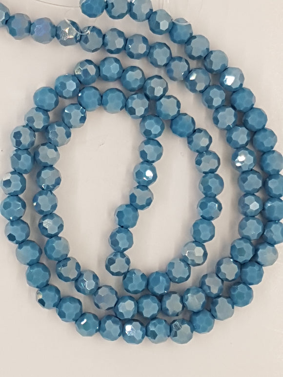 6MM GLASS FACETED BEADS - AB PLATED MED. TEAL BLUE