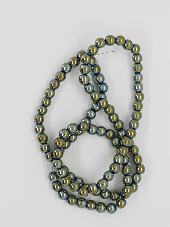 4MM GLASS ROUND BEADS - NON. MAG. SYNTHETIC HEMATITE - OLIVE HUES