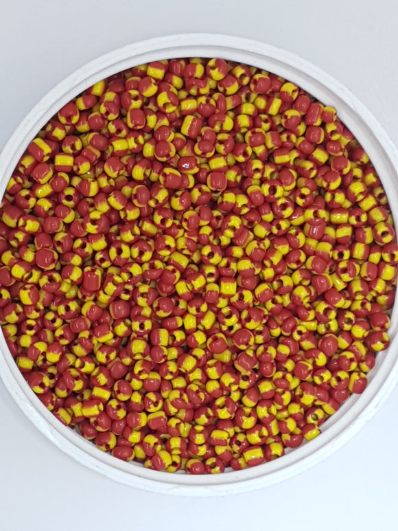 8/0 CHINESE GLASS SEED BEADS - OPAQUE - RED/YELLOW
