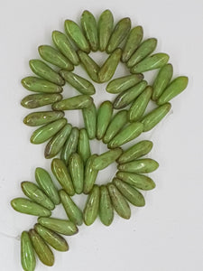 DAGGER BEADS- 11 X 3MM CZECH - COLOUR - GREEN PICASSO