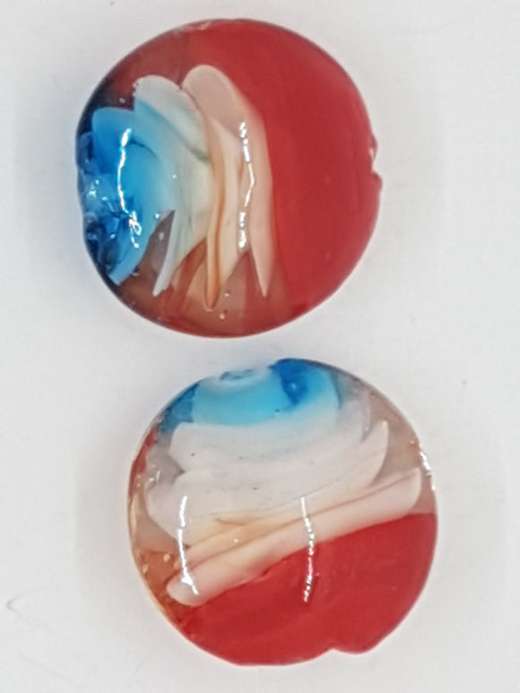 18-20MM H/MADE FLAT ROUND LAMPWORK GLASS BEADS - LIGHT BLUE/RED