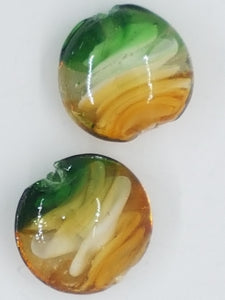 18-20MM H/MADE FLAT ROUND LAMPWORK GLASS BEADS - GREEN/CARAMEL