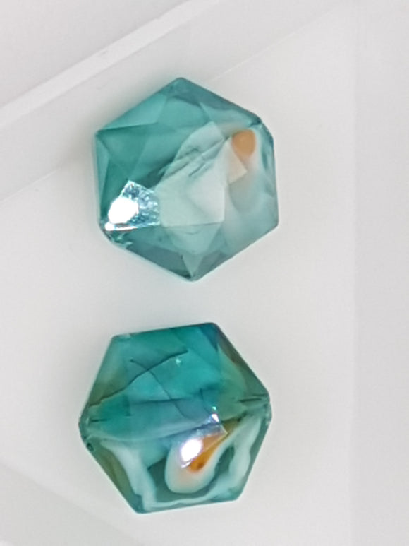 16MM MILLEFIORI GLASS HEXAGON BEADS - TEAL GREEN