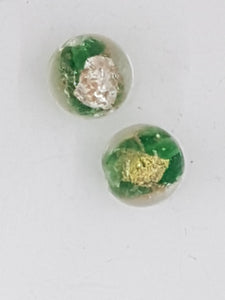 12MM HANDMADE GOLD & SILVER FOIL & GLASS BEADS - GREEN/CLEAR