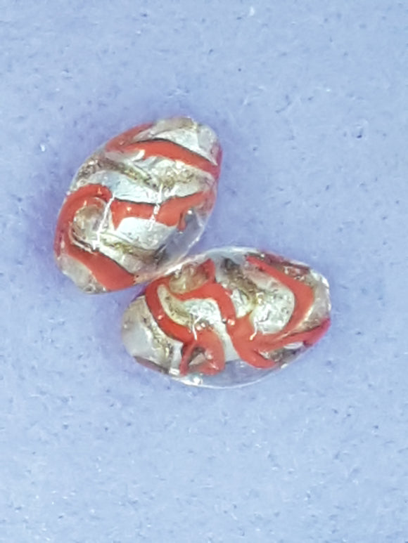 16X11MM HANDMADE SILVER FOIL & GOLD SAND GLASS BEADS - ORANGE/RED