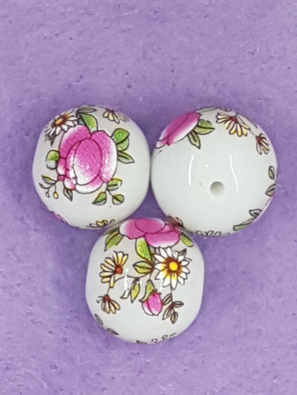 14MM FLOWER PICTURE GLASS BEADS - MIXED FLOWERS - CRIMSON