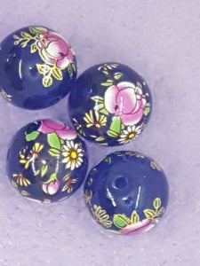 14MM FLOWER PICTURE GLASS BEADS - MIXED FLOWERS - CRIMSON